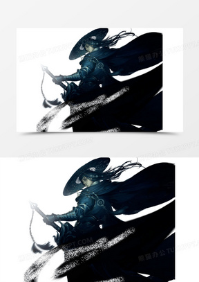 带斗笠的黑衣侠客古风手绘