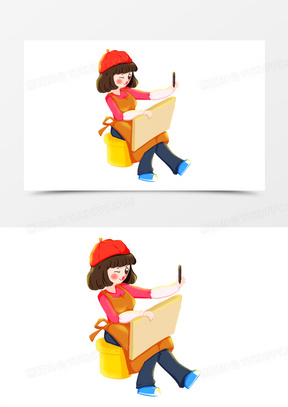 手绘卡通画画的女青年免抠元素