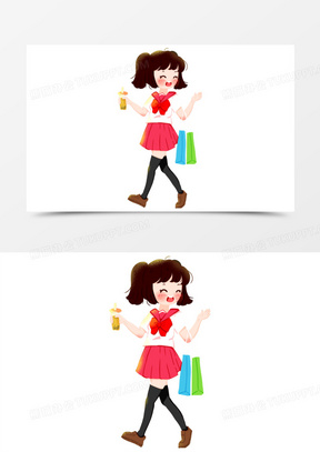 手绘卡通逛街购物的女孩免抠元素