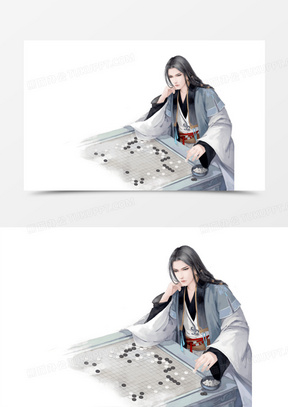 下棋的蓝衣美男古风手绘