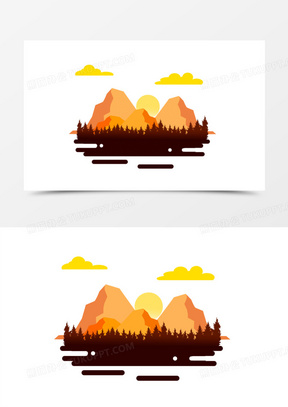 手绘山林旭日东升插画素材