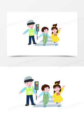 卡通手绘交警引导学生儿童安全过马路素材