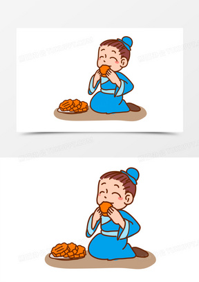 手绘卡通古人吃月饼素材