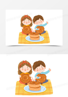 手绘卡通小朋友吃月饼插画免抠元素