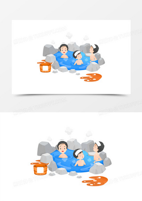 手绘卡通小朋友冬天一起泡温泉素材261人物190卡通矢量浴缸素材100