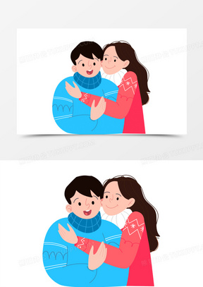 手绘卡通冬季情侣温暖的拥抱素材