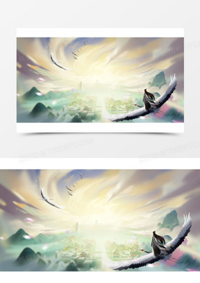 卡通中国风玄幻骑仙鹤的仙人海报背景