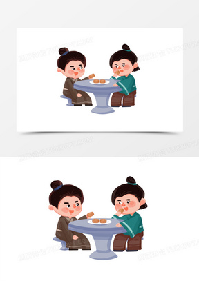手绘古人吃月饼插画元素