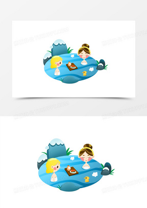 卡通手绘小朋友泡温泉素材