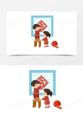 卡通手绘新年男孩在贴窗花素材