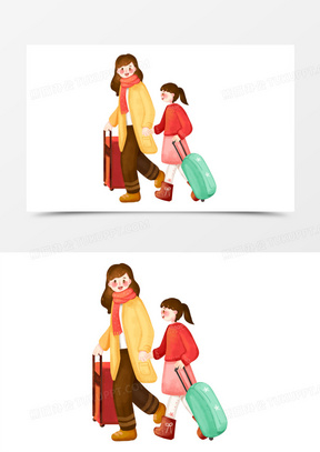 手绘卡通母女拉行李箱免抠元素