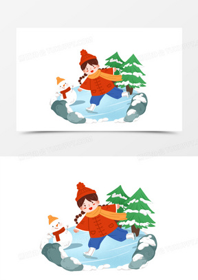 卡通可爱女孩冬季滑冰元素