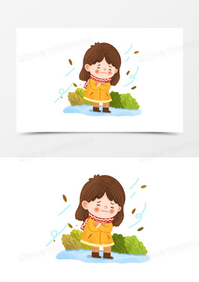 手绘卡通风中发抖的女孩免抠元素