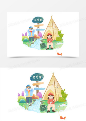 元素70卡通手绘冬令营营地驻扎素材40手绘学生参加冬令营插画元素60