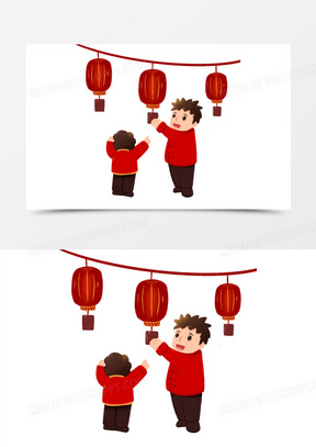 手绘父亲带孩子猜灯谜免抠元素