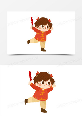 卡通手绘拿糖葫芦的小孩素材