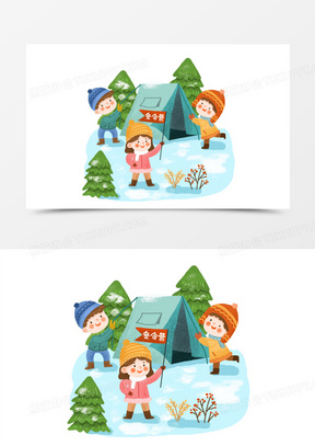 手绘卡通参加冬令营的小朋友在搭帐篷插画免抠元素