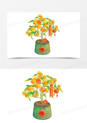 手绘卡通金桔盆栽元素