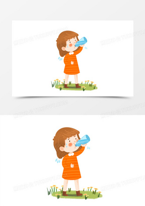 手绘卡通口渴喝水的人插画免抠元素