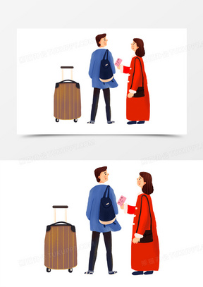 手绘插画情侣坐火车出门场景素材