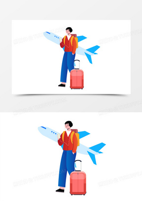手绘卡通男生坐飞机素材
