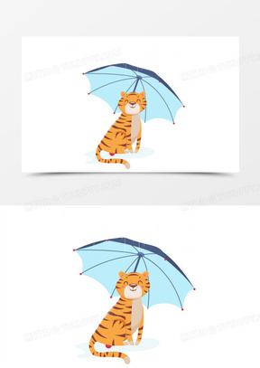 手绘卡通雨中撑伞的小猫咪素材