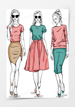 手绘服装设计模特矢量图