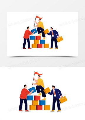 手绘卡通众人合力冲刺目标素材