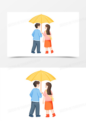 卡通手绘在雨中撑伞的情侣免抠素材