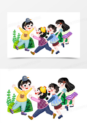 手绘插画风儿童老鹰捉小鸡场景素材