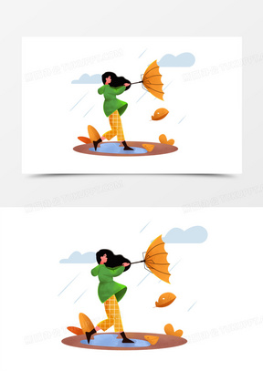 手绘卡通女孩刮大风撑不了伞元素