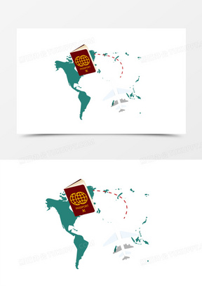 手绘卡通矢量移民护照飞机素材