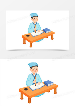 手绘卡通古装书童写书法免抠素材