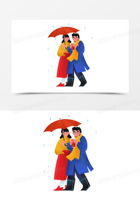 手绘卡通情侣漫步在雨中素材