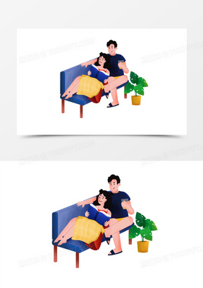 手绘卡通情侣躺在沙发上一起看书素材