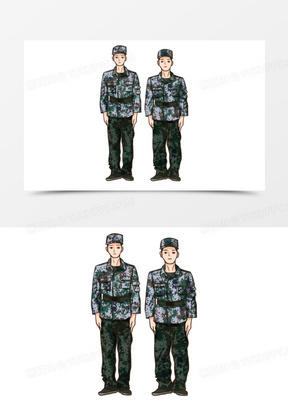 手绘卡通穿迷彩服的军人站立立正元素