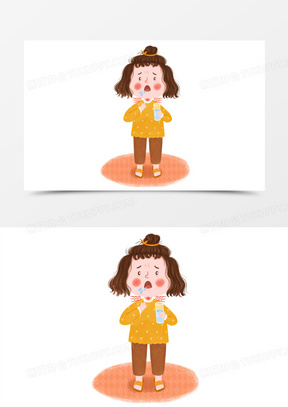 手绘卡通喉咙痛的女孩插画免抠元素