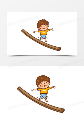手绘卡通过独木桥的男孩插画免抠元素
