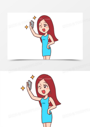 手绘卡通女孩自恋自拍免抠素材