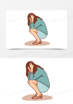 手绘卡通女孩蹲下不开心免抠素材