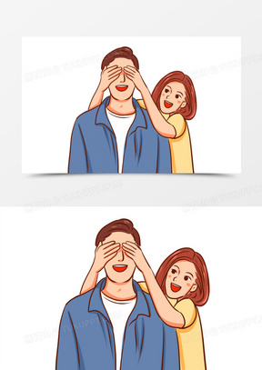 手绘卡通情侣蒙眼素材