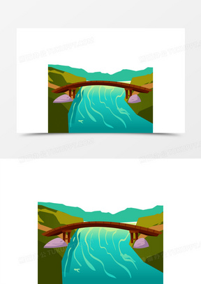 手绘卡通河流上的独木桥素材