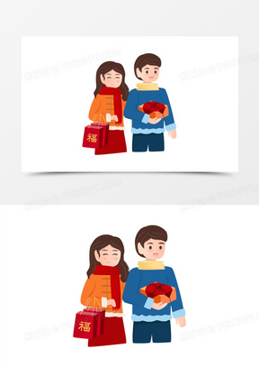 卡通手绘夫妻两新年带礼物拜访素材