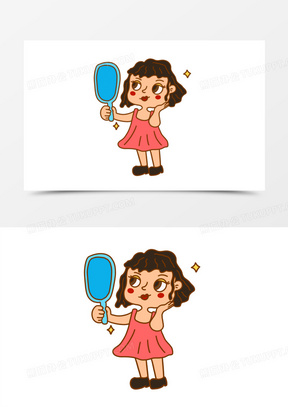卡通手绘女孩自信照镜子元素