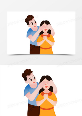手绘卡通蒙眼睛的情侣素材