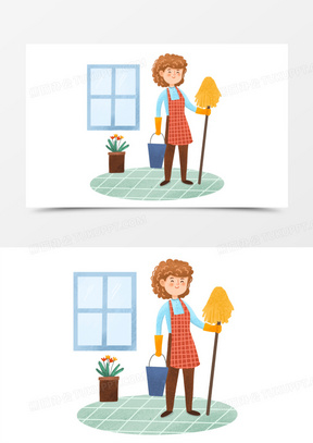 手绘卡通保洁阿姨插画免抠元素