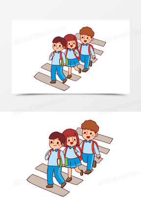 手绘卡通学生排队过马路免抠素材