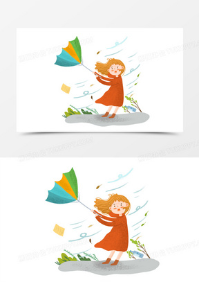 手绘卡通被大风吹的人插画免抠元素150手绘卡通大风呼