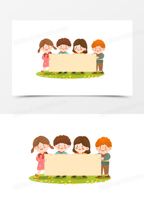 手绘卡通多位小孩举牌插画免抠元素
