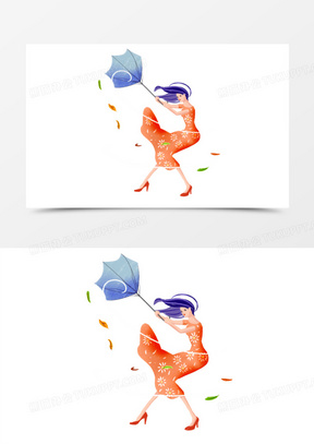 手绘被大风吹的人物免抠元素